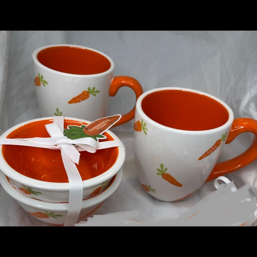 Terramoto Spring Easter Carrot 4 pc Bowl & Mug Serving Set NWT